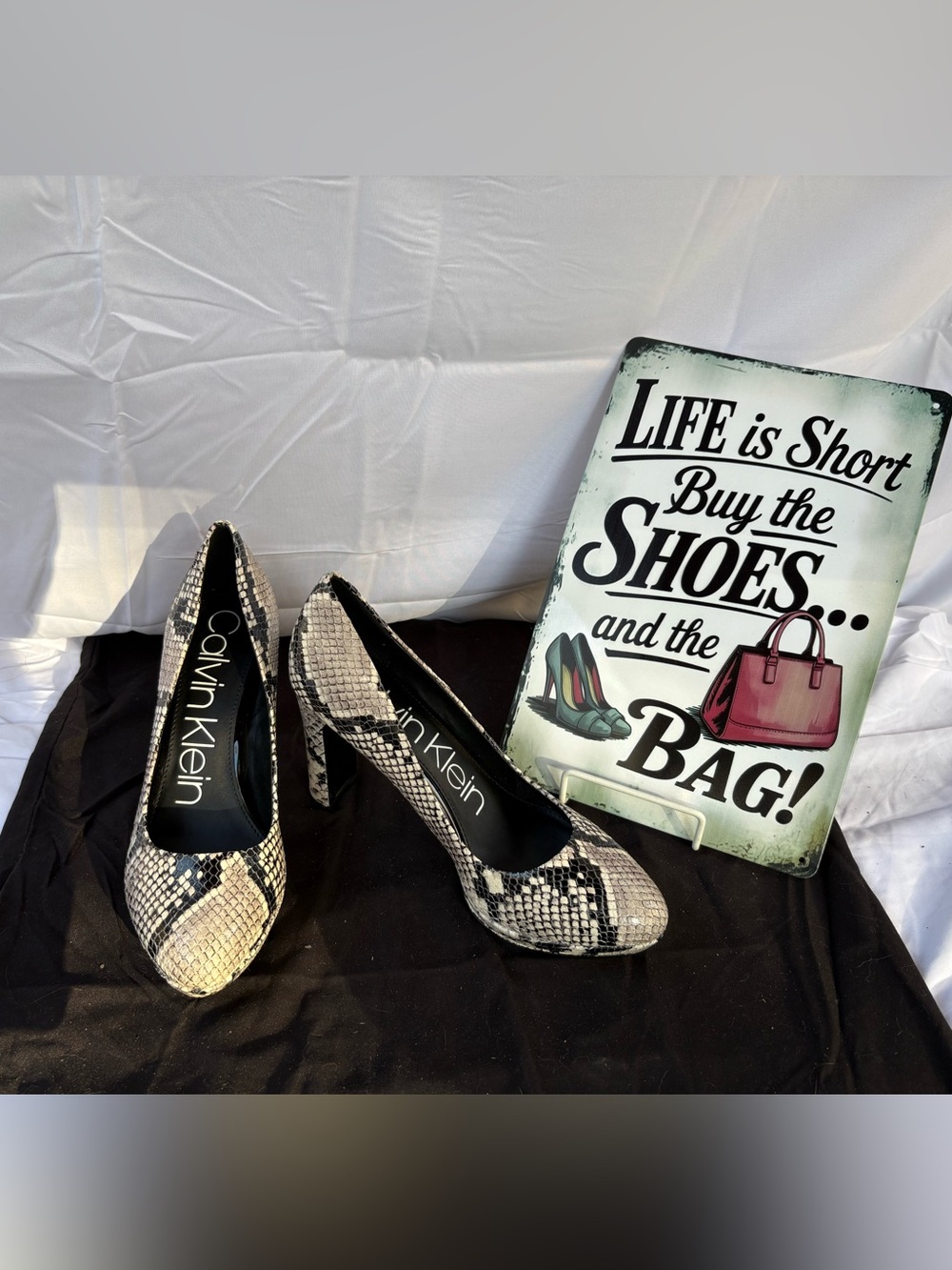 Calvin Klein Snake-Effect Pumps - Black, White & Taupe Size 8.5